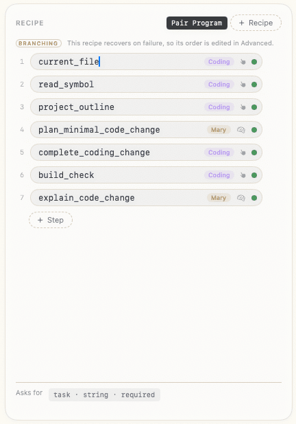 The Pair Program recipe: seven steps mixing Coding skills with two Mary reasoning steps, marked branching, asking for one required string argument