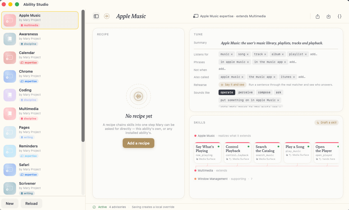 Ability Studio open on Apple Music: an empty Recipe panel next to the Tune panel's summary, listens-for tokens, phrases, aliases, and sounds-like exemplars, with a Skills row extending Multimedia and supported by Window Management