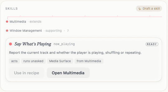 The Say What's Playing skill open for inspection: invocation now_playing, marked READY, tagged as acting unasked from Multimedia on the Media Surface