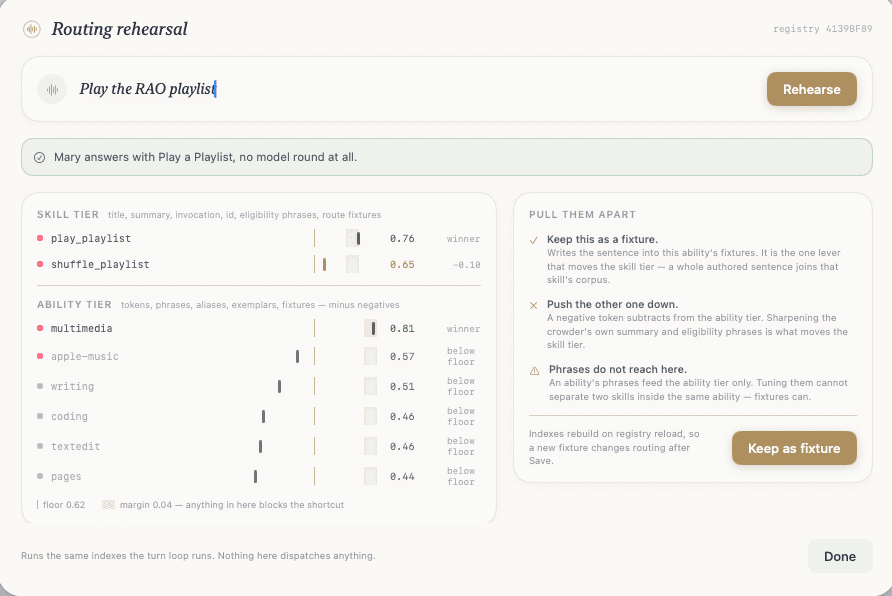 Routing rehearsal for the sentence Play the RAO playlist: play_playlist wins the skill tier at 0.76 clear of the margin, multimedia wins the ability tier at 0.81, and the panel explains why only a fixture — not a phrase — can separate two skills inside one ability