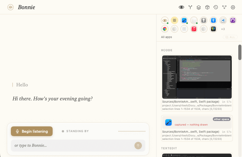 The Bonnie conversation page: warm paper, an attribution highlight over a retrieved span, a Skill receipt, and the voice bar