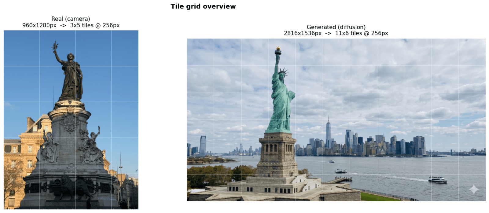 Tile grid overview — real vs generated