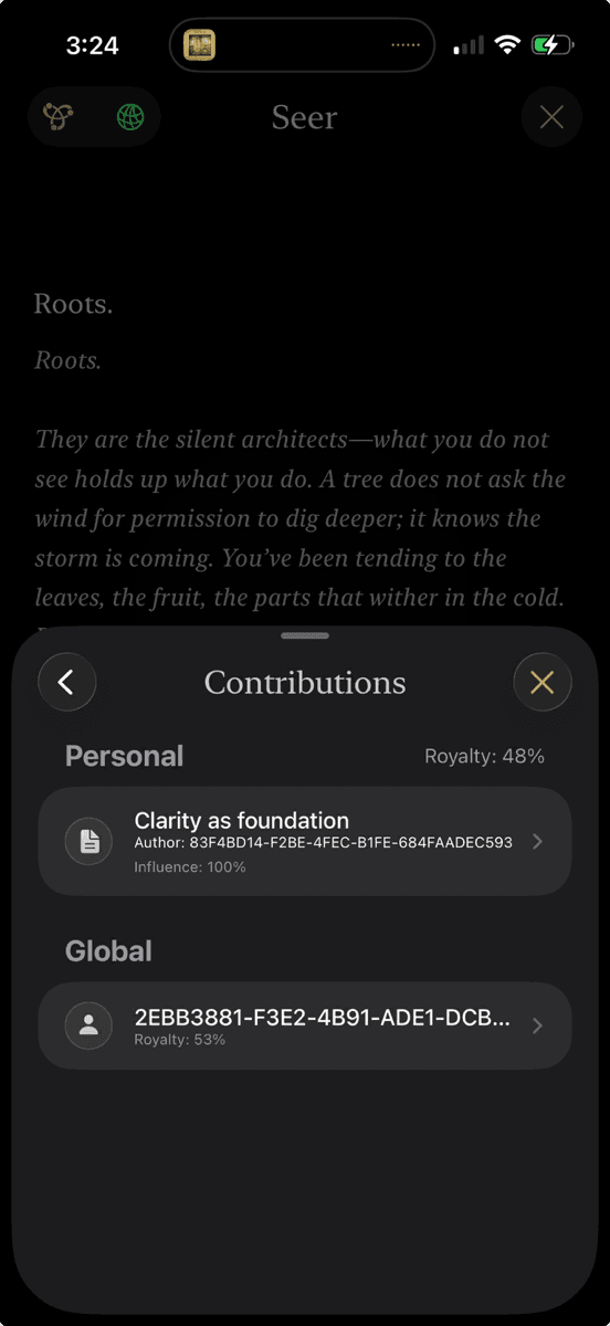 Seer on iPhone: a response's Contributions sheet, splitting royalty between the user's own documents (Personal) and authors on the wider network (Global)