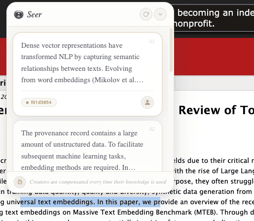 The Seer Chrome extension over an arXiv abstract: highlighted text pulls up matching passages from the index, each tagged with its source and author