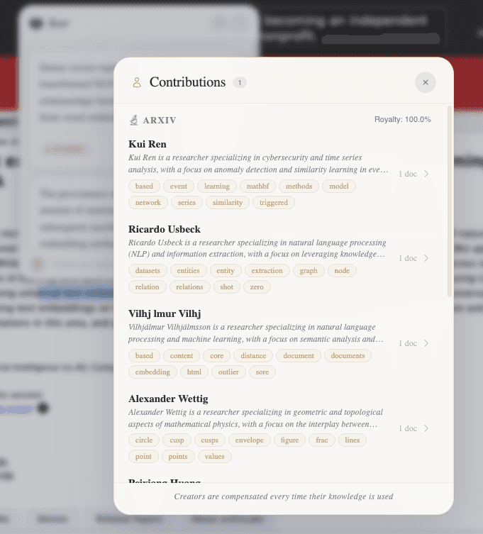 Contributions for a highlight on arXiv: each researcher behind a retrieved passage, with a summary of their work and keywords from their papers, under arXiv's 100% royalty share