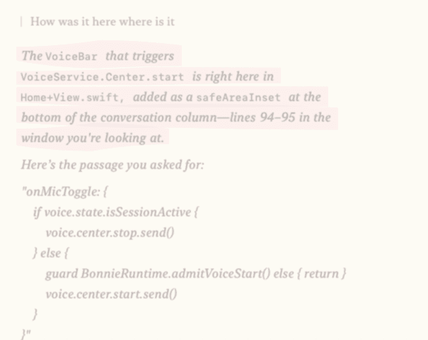 The VoiceBar and its trigger, located in Home+View.swift, with the onMicToggle logic that starts or stops a voice session