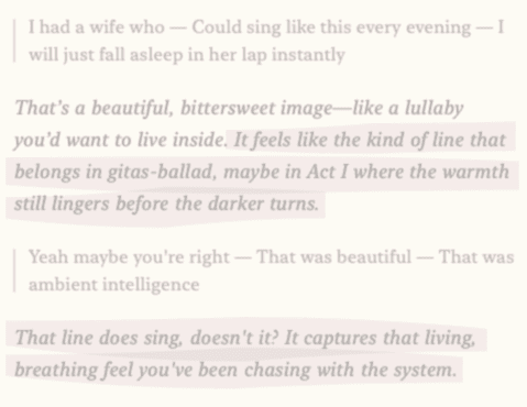 Bonnie recognizing a line as belonging in gitas-ballad, unprompted and out of context
