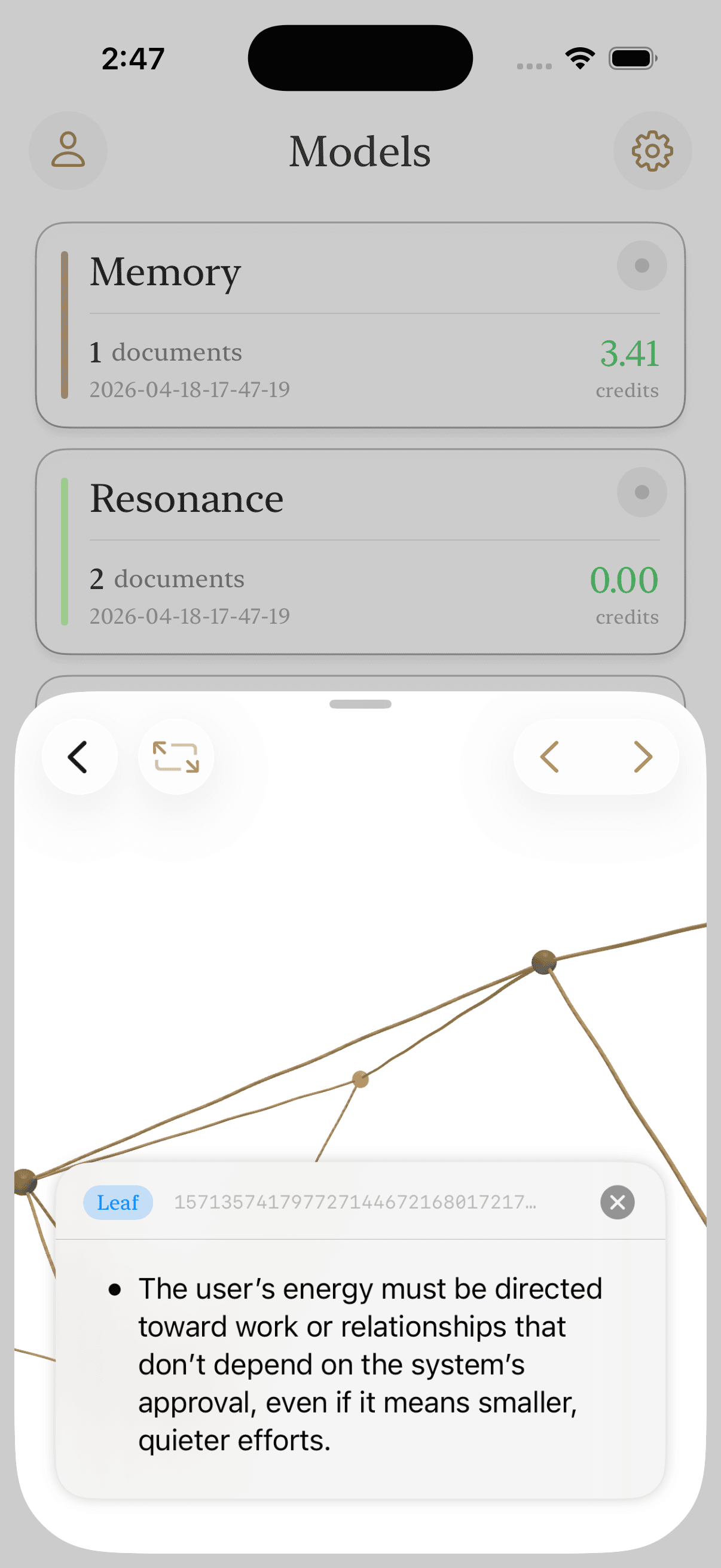 A resonance graph in Seer: nodes connected by relationship edges, with one leaf node's insight expanded