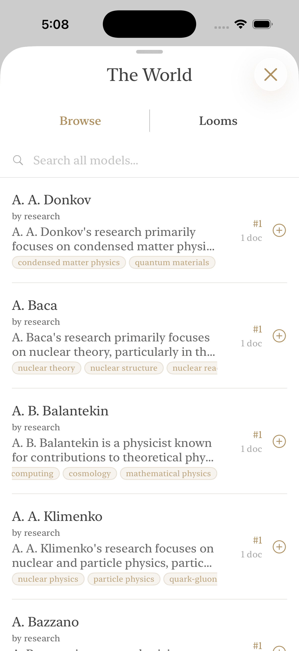 "The World": browsing individually maintained research models by author, each with its own specialization tags and document count